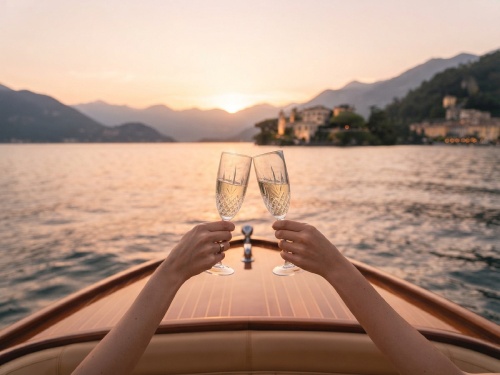 Brindisi con champagne su motoscafo in legno sul Lago di Como al tramonto